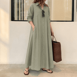 Halvine Button-Through Maxi Shirt Dress with Long Sleeves and Side Pockets