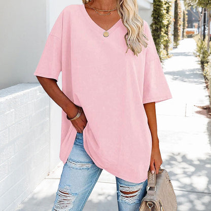 Oversized Cotton V-Neck Short Sleeve Top for Women