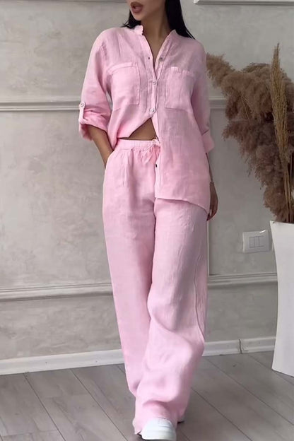 Fara Matching Cotton Linen Shirt and Wide-Leg Pants Two-Piece Co-Ord Set