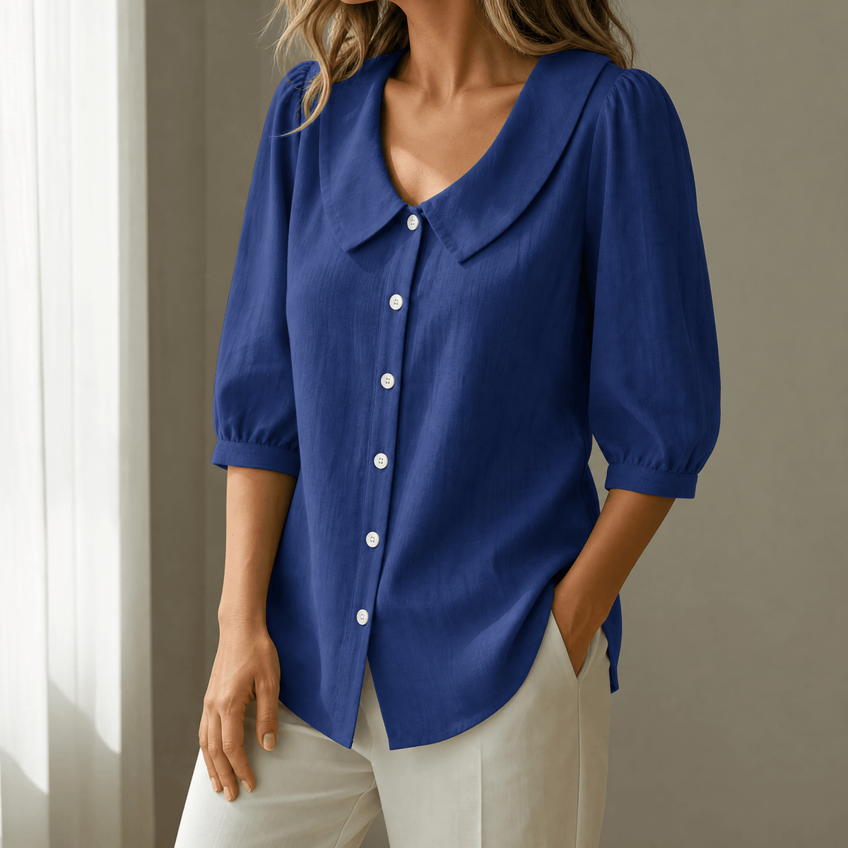 Peter Pan Collar Button-Up Top with Puff Sleeves for Women