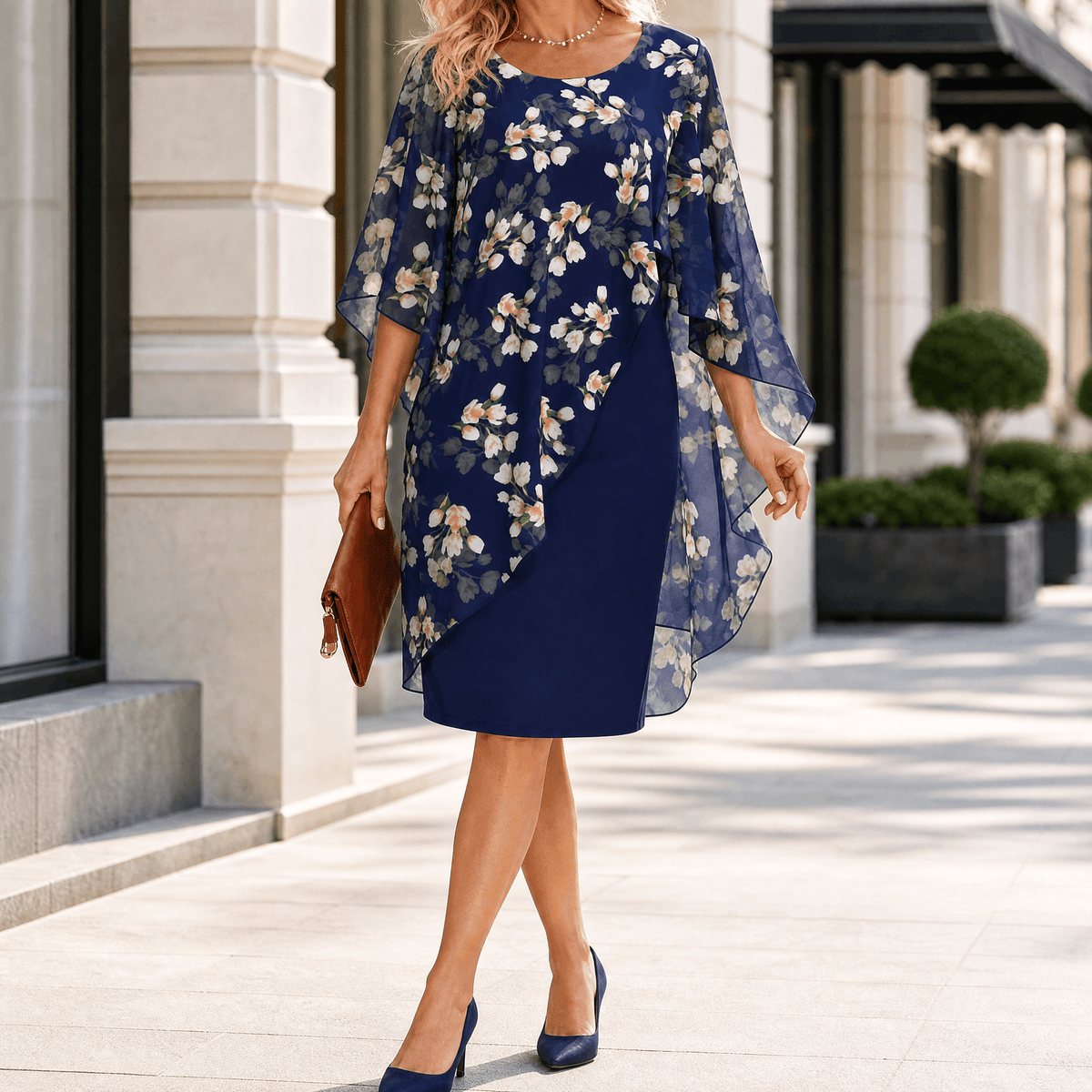 Florevia Floral Chiffon Cape Overlay Women's Midi Dress