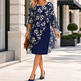Florevia Floral Chiffon Cape Overlay Women's Midi Dress