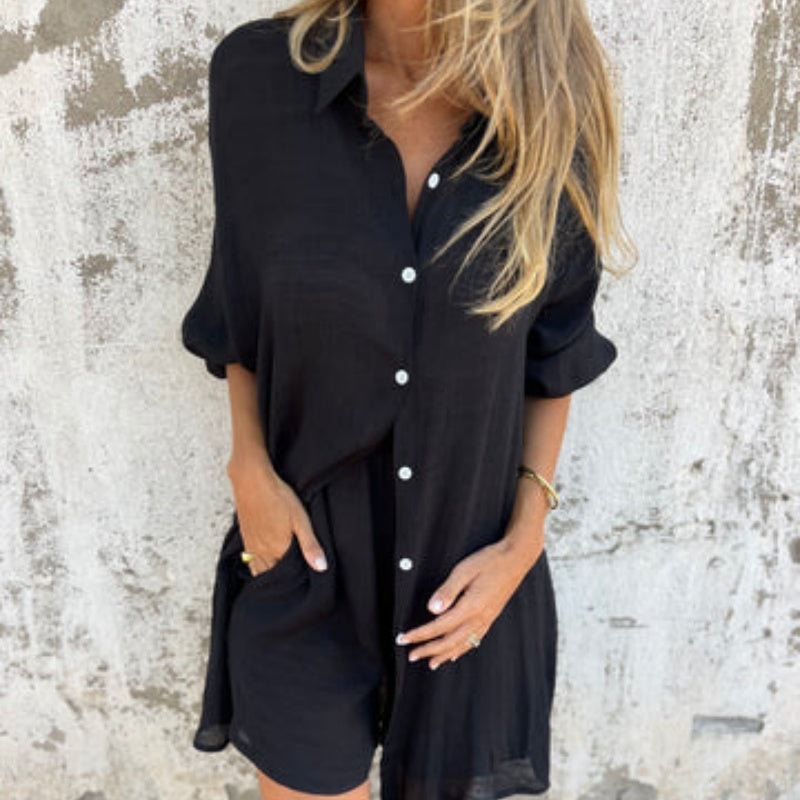 Sasha Two-Piece Matching Linen Shirt and Shorts Set with Long Sleeves