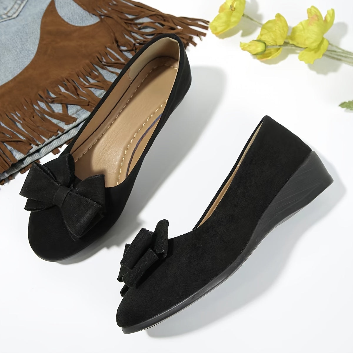Maisie Faux Suede Slip-On Wedge Ballet Flats with Bow and Rounded Toe