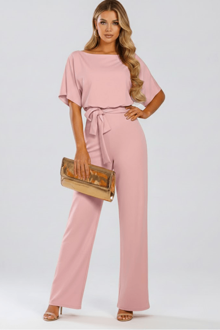 Women's Wide-Leg Linen Jumpsuit with Tie Waist and Belt Detail