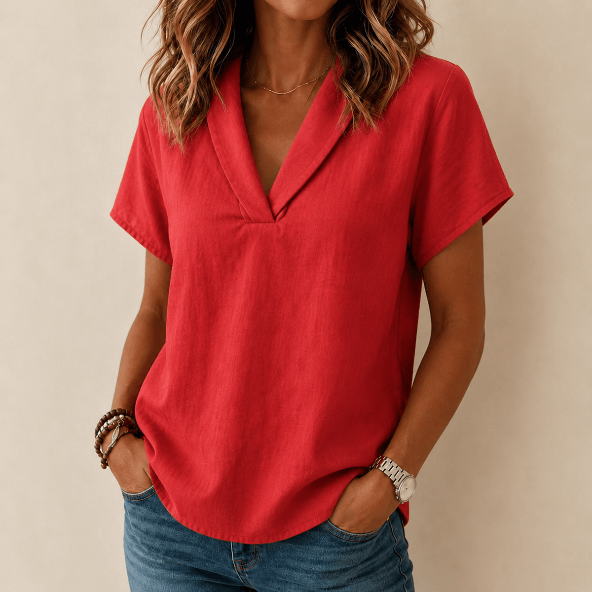 Shawl-Collar V-Neck Short Sleeve Top with Textured Weave