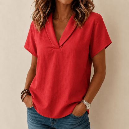 Shawl-Collar V-Neck Short Sleeve Top with Textured Weave