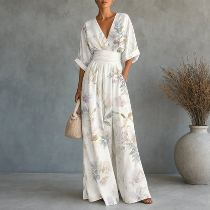 Solene Floral Print Wide-Leg Jumpsuit with Cinched Waist for Women