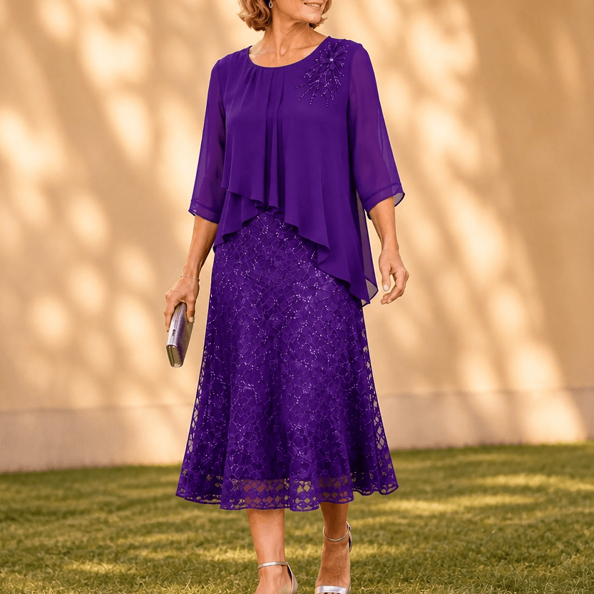 Elavine Layered Chiffon Lace Overlay Women's Midi Dress with Sheer Sleeves