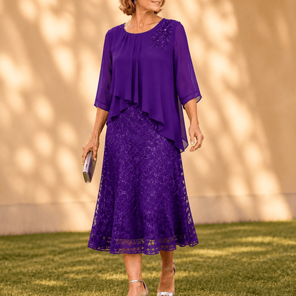 Elavine Layered Chiffon Lace Overlay Women's Midi Dress with Sheer Sleeves