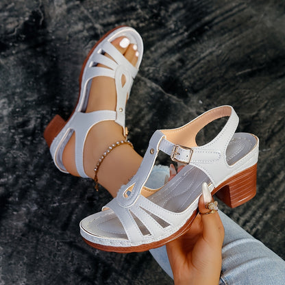 Bianca Buckle Strap Block Heel Wedge Sandals with Cutout Detail