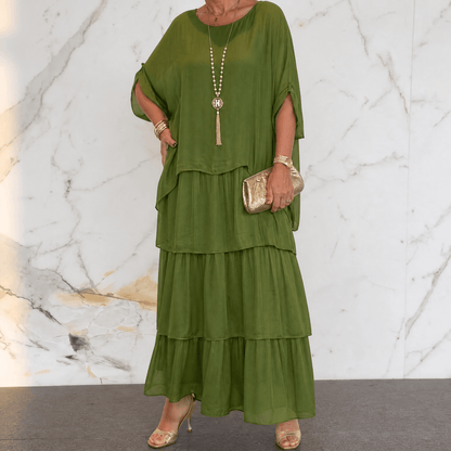 Marella Tiered Chiffon Midi-to-Maxi Dress with Batwing Sleeves