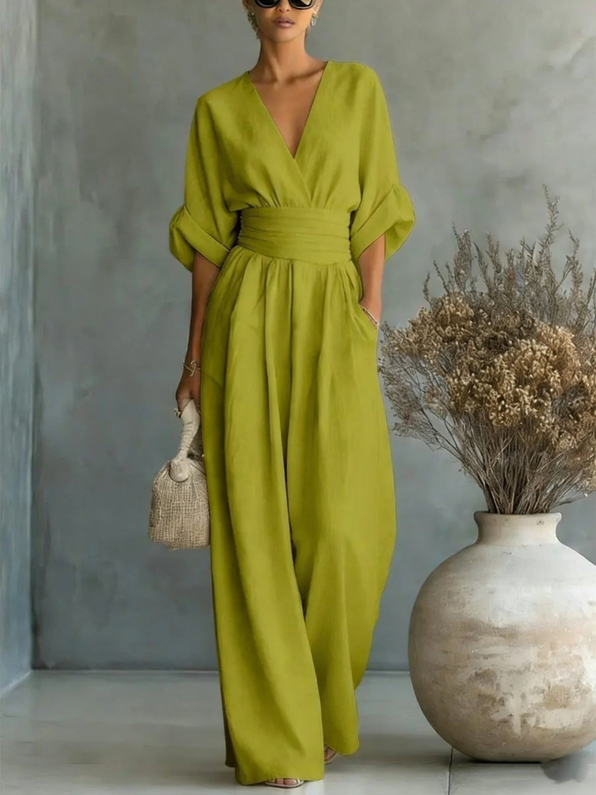 Sophia Merriweather Wide-Leg Linen Jumpsuit with Wrap Waist Tie