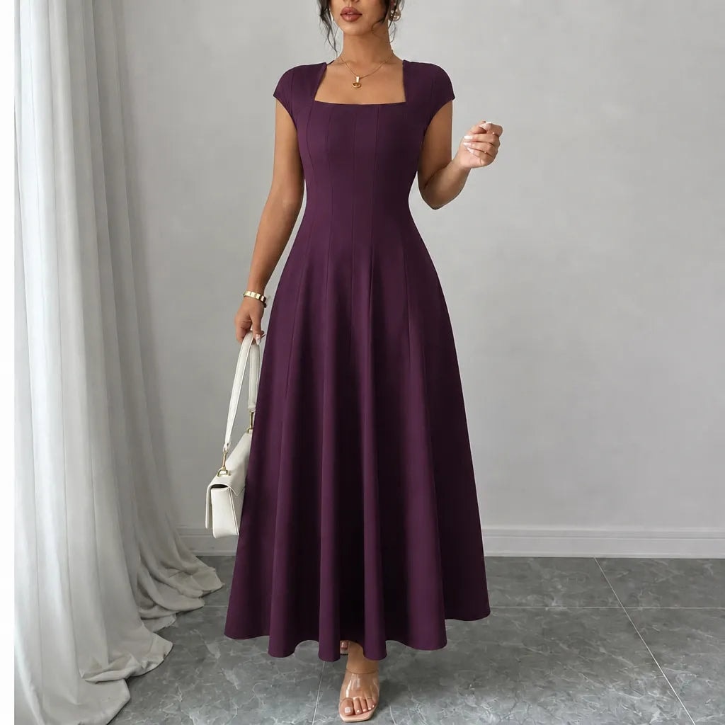 Elowyn Square Neck A-Line Women's Midi Dress with Sculpted Waist Seams