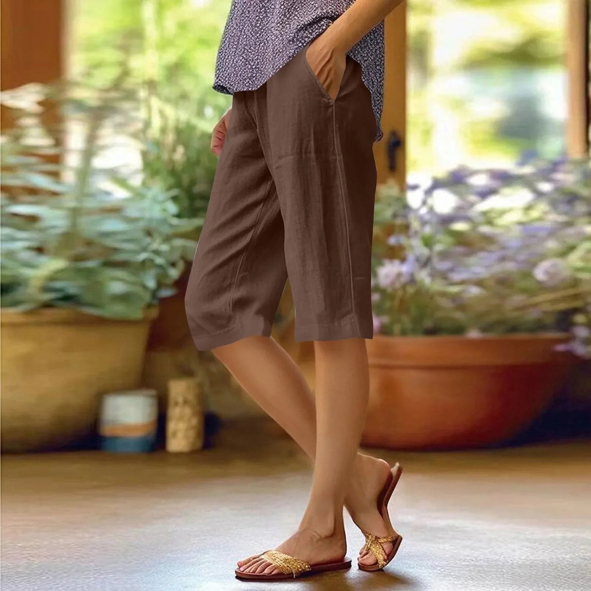 Women's Linen Blend Cropped Shorts with Elastic Waist