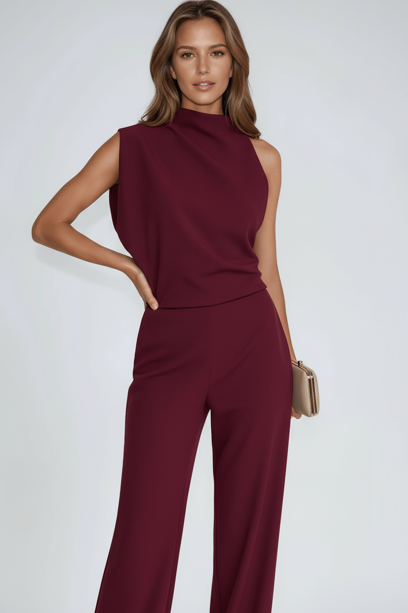Sleeveless Mock Neck Wide-Leg Jumpsuit with Draped Top and Side Pockets