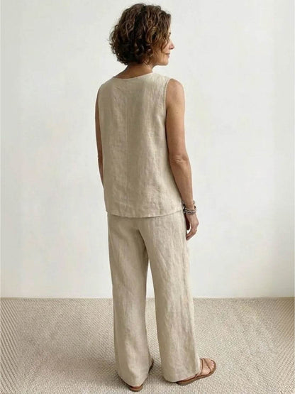 Sage Matching Linen Sleeveless Top and Wide-Leg Pants Two-Piece Set