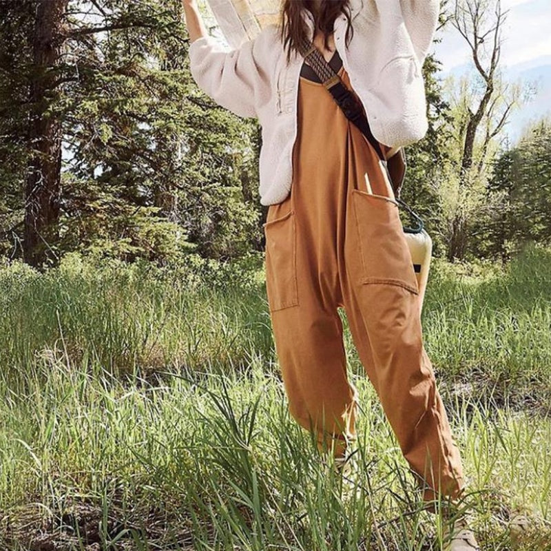 Sarah Slouchy V-Neck Sleeveless Jumpsuit with Oversized Patch Pockets
