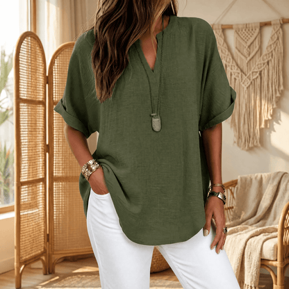 Women's Curved-Hem V-Neck Top with Short Sleeves