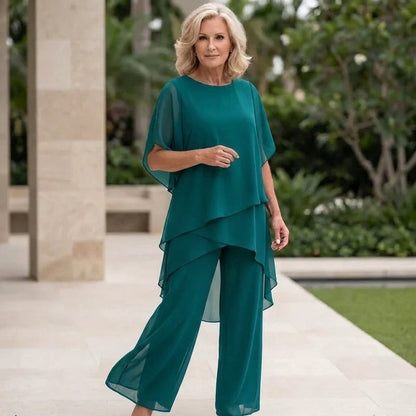 Women's Flowy Two-Piece Wide-Leg Pant Set with Draped Cape Top