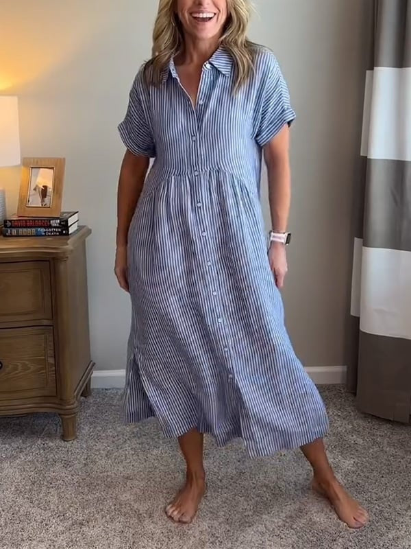 Women's Striped Cotton Shirt Collar Midi Dress with Short Sleeves