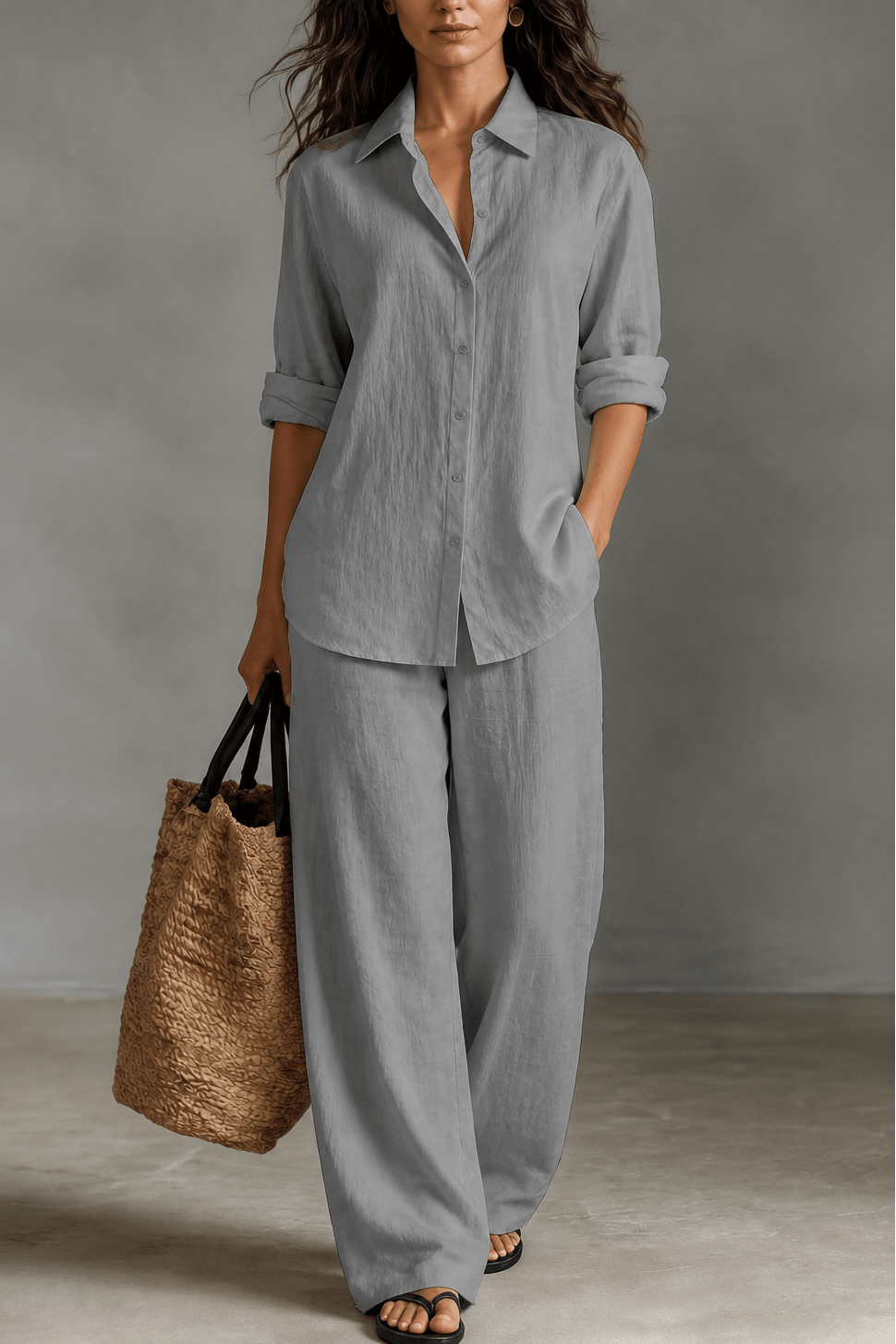 Women's Linen Shirt and Wide-Leg Tailored Trouser Two-Piece Set