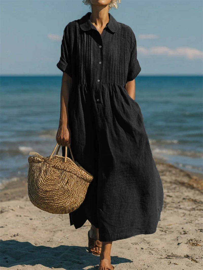 Harper Sutton Pintuck Linen Collared Midi Shirt Dress for Women