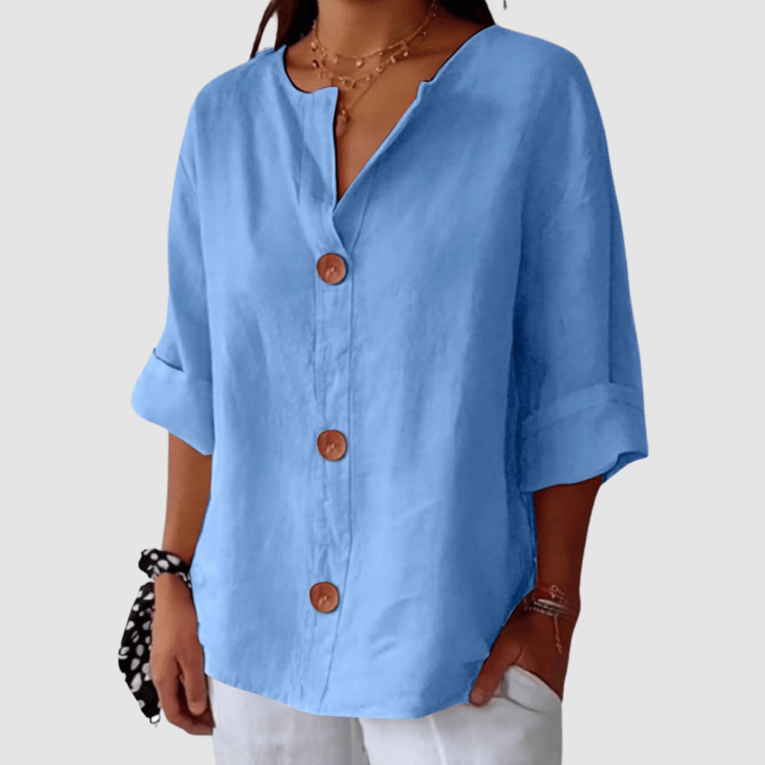 Leah Casual Linen Blouse with V-Neck Button Front and Rolled Sleeves