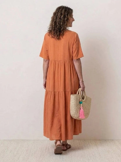 Women's Tiered Ruffle V-Neck Midi Dress with Short Sleeves in Polyester
