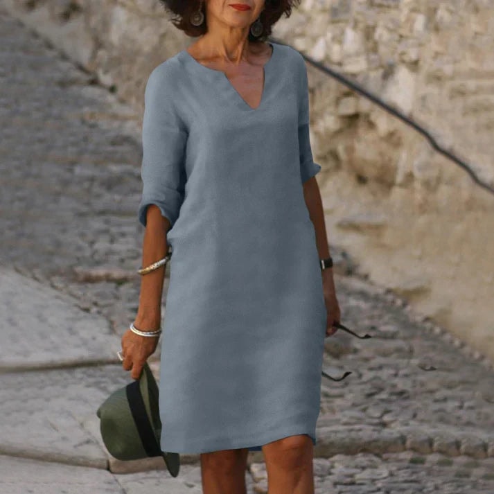 Women's V-Neck Half-Sleeve Polyester Midi Dress