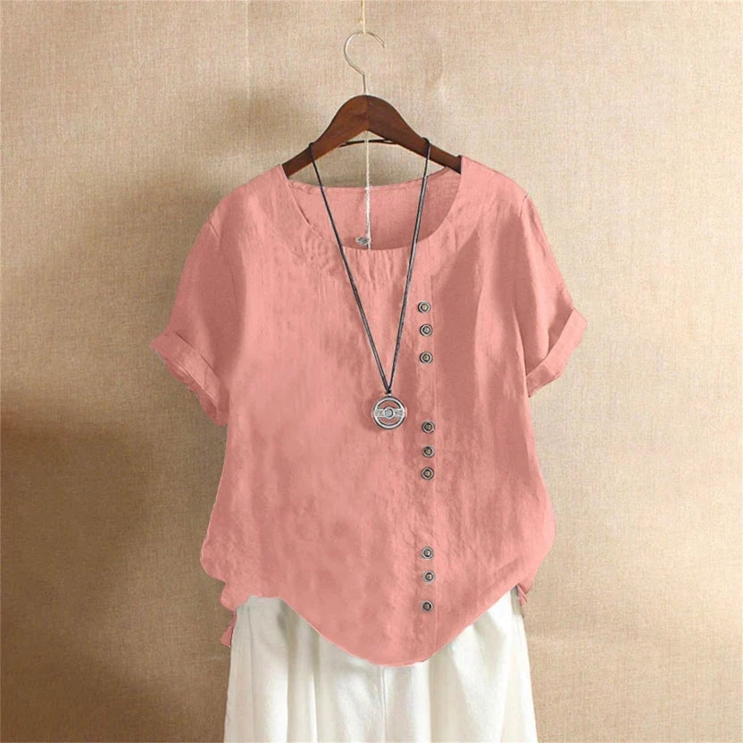 Halvorn Relaxed Linen Summer Top with Short Sleeves and Side Button Detail