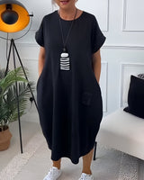 Bessie Relaxed Drop-Shoulder Short-Sleeve Dress with Pockets in Midi Length
