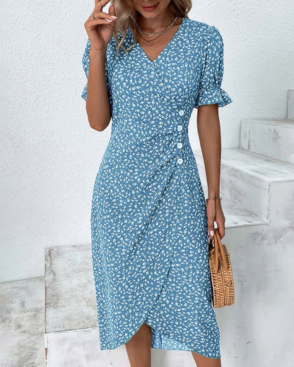 Martha Floral V-Neck Button Front Midi Dress for Women with Puff Sleeves