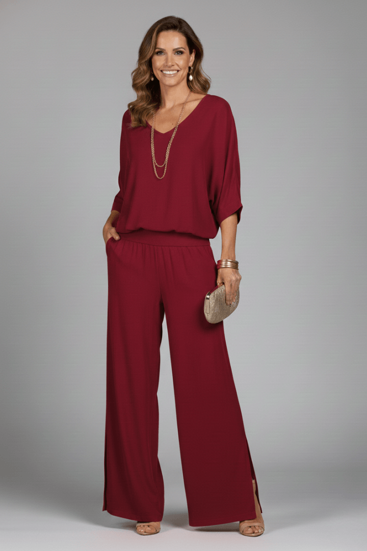 Women's Matching Two Piece Set with Dolman Sleeve Top and Wide-Leg Pants