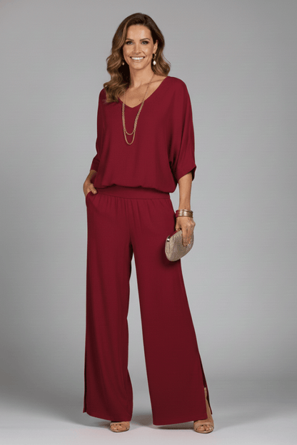 Women's Matching Two Piece Set with Dolman Sleeve Top and Wide-Leg Pants