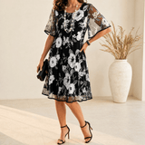 Solenya Black Floral Chiffon A-Line Women's Midi Dress with Sheer Overlay