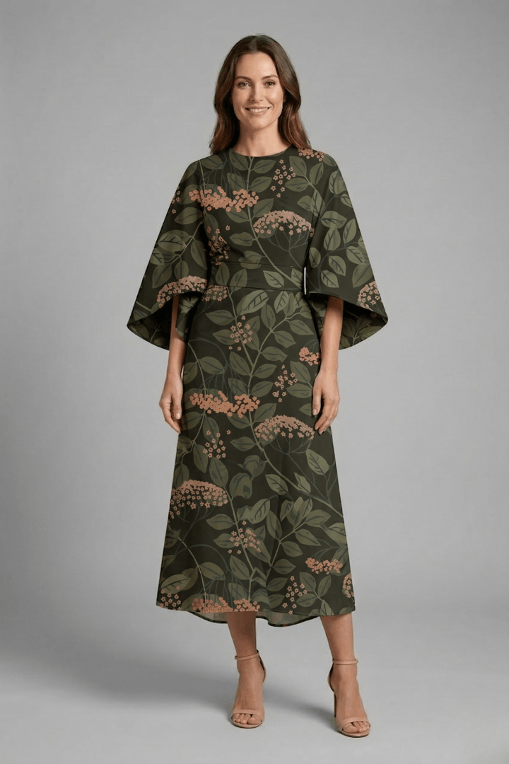 Floral Print Round Neck Women's Midi Dress with Wide Bell Sleeves