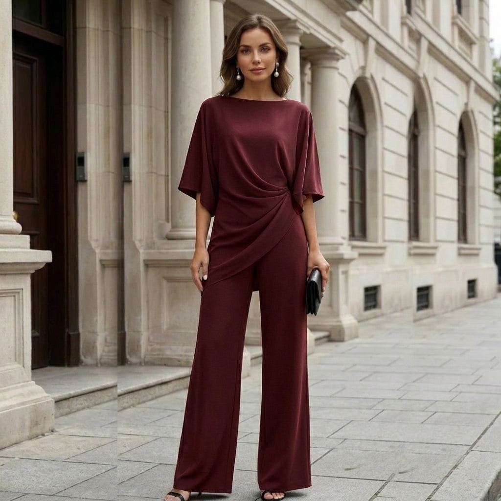 Women's Matching Two-Piece Set with Draped Blouse and Wide-Leg Pants