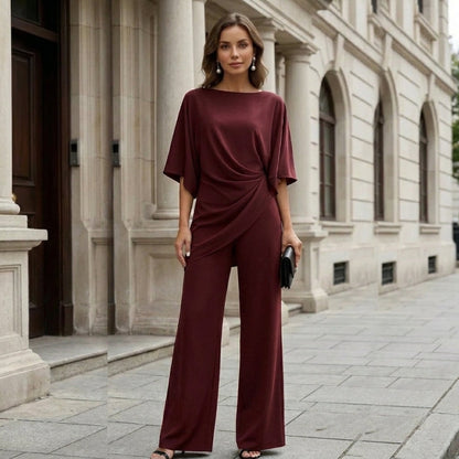Women's Matching Two-Piece Set with Draped Blouse and Wide-Leg Pants