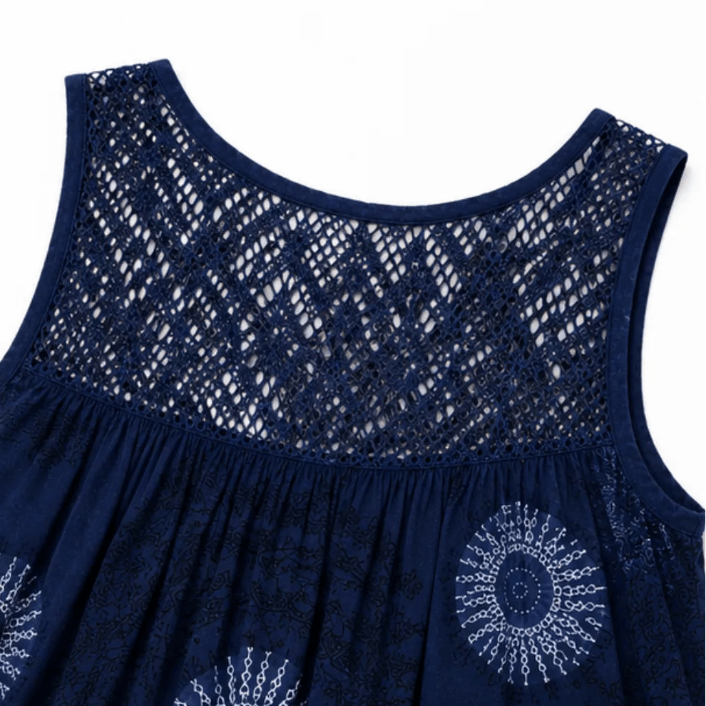 Women's Sleeveless Lace-Yoke A-Line Sundress with Sunburst Print