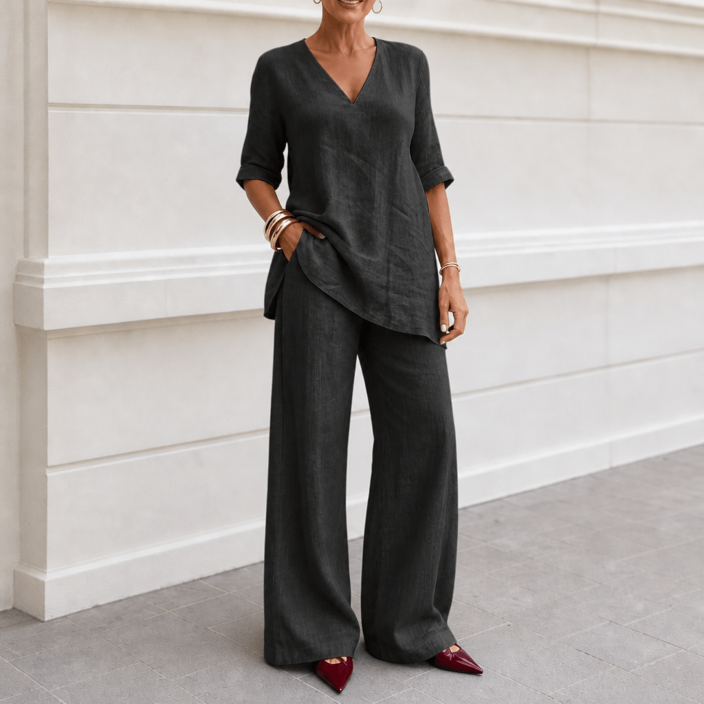 Draperly V-Neck Linen-Look Matching Set with Wide-Leg Pants