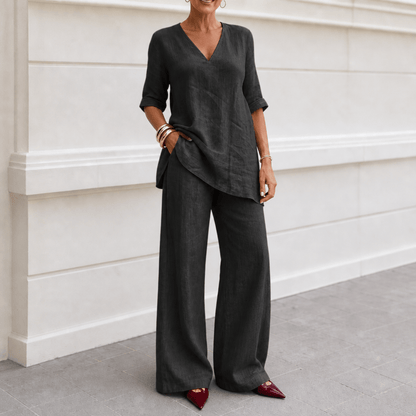 Draperly V-Neck Linen-Look Matching Set with Wide-Leg Pants