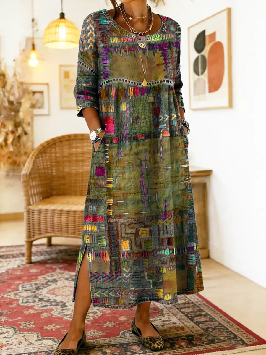 Manuela Ethnic Patchwork Three-Quarter Sleeve Cotton Blend Midi Dress for Women
