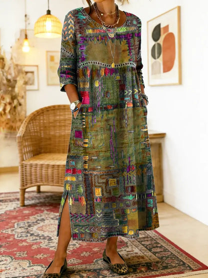 Manuela Ethnic Patchwork Three-Quarter Sleeve Cotton Blend Midi Dress for Women