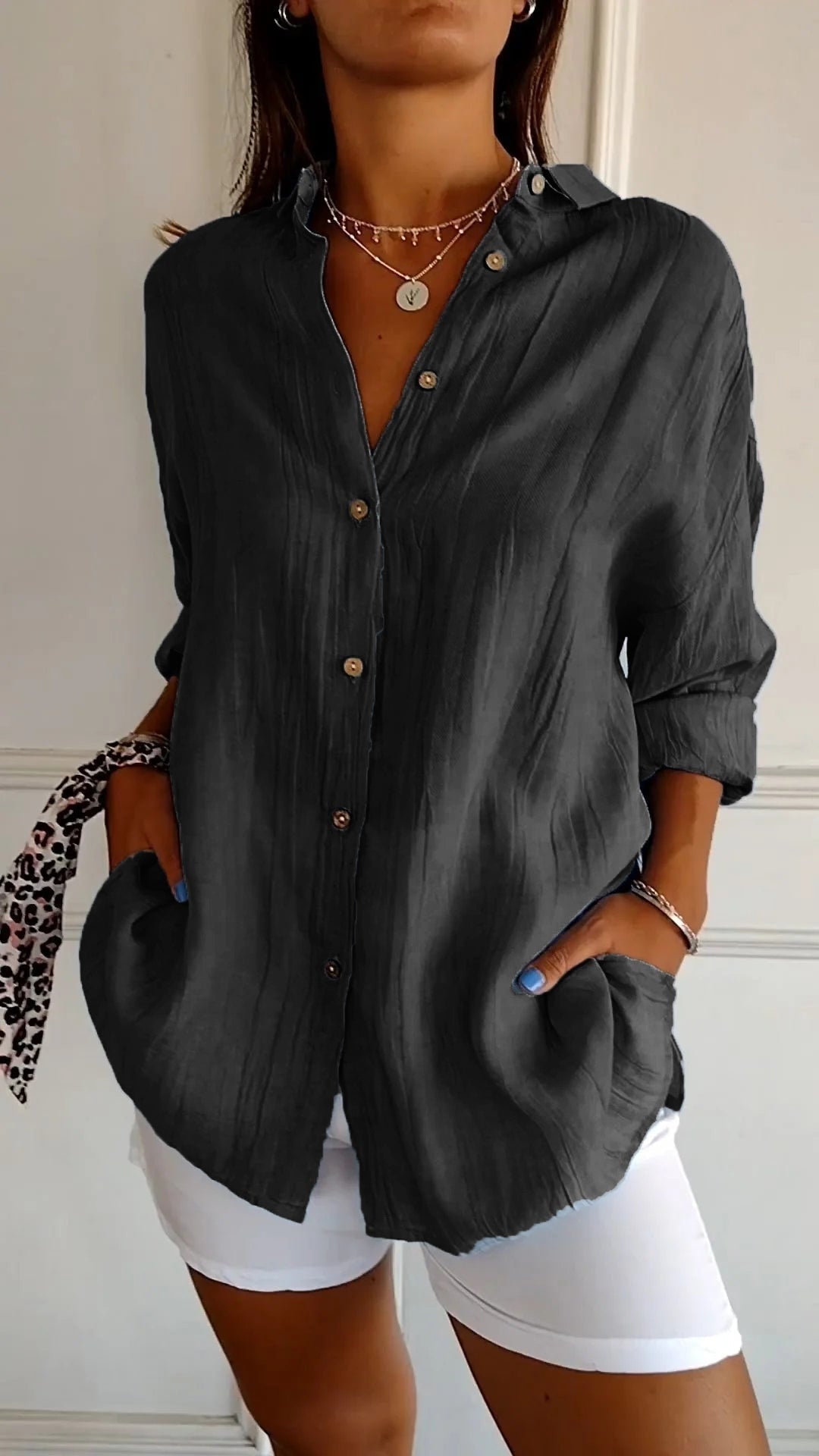 Sasha Pleated Cotton Blend Long-Sleeve Blouse for Women with Button-Up Front