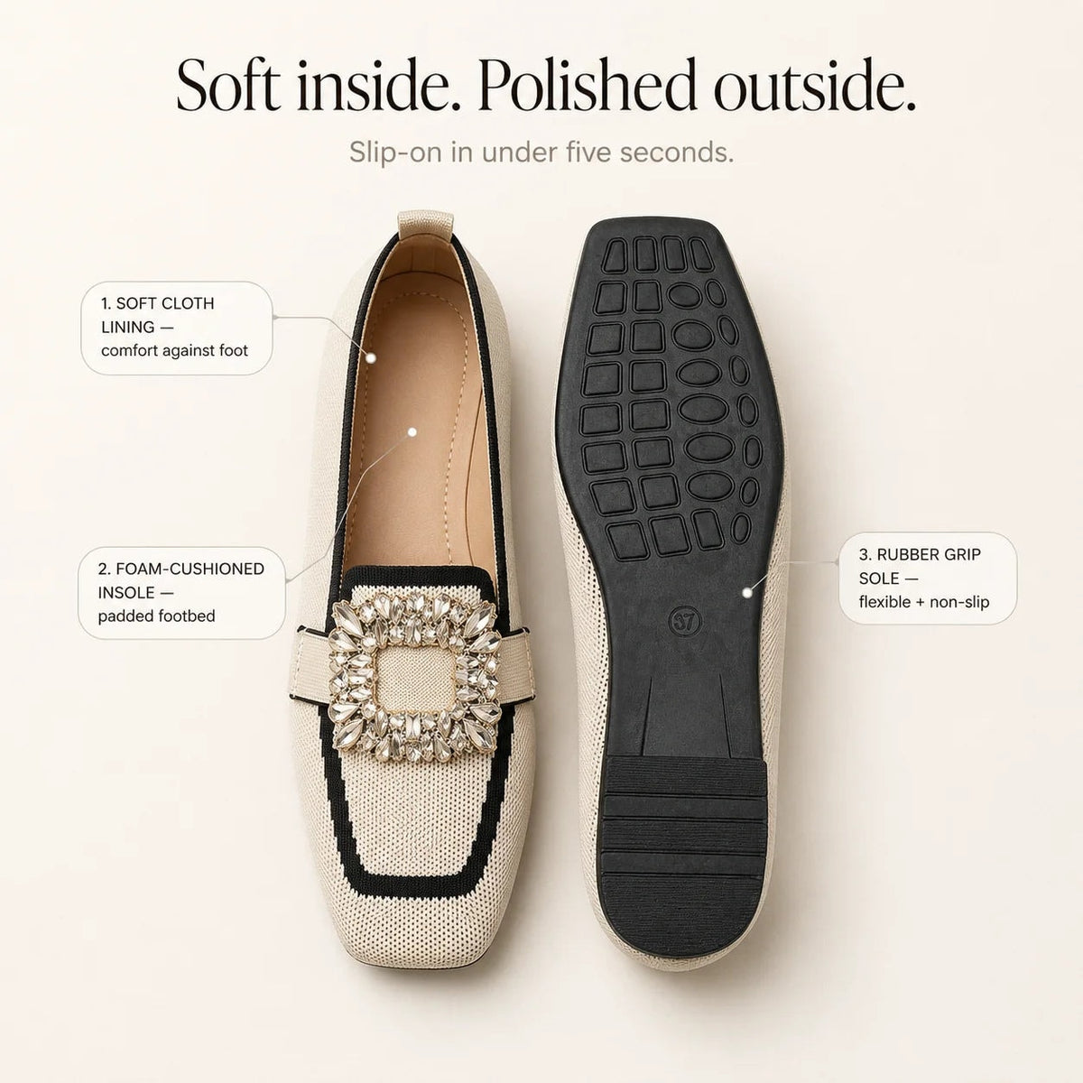Crystal Buckle Square-Toe Knit Loafer Flats for Women