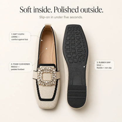 Crystal Buckle Square-Toe Knit Loafer Flats for Women