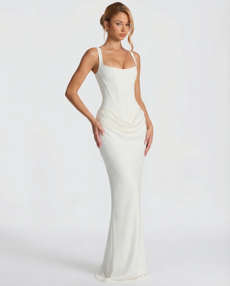 Sienna Laurent Satin Corset Maxi Dress with Draped Detail
