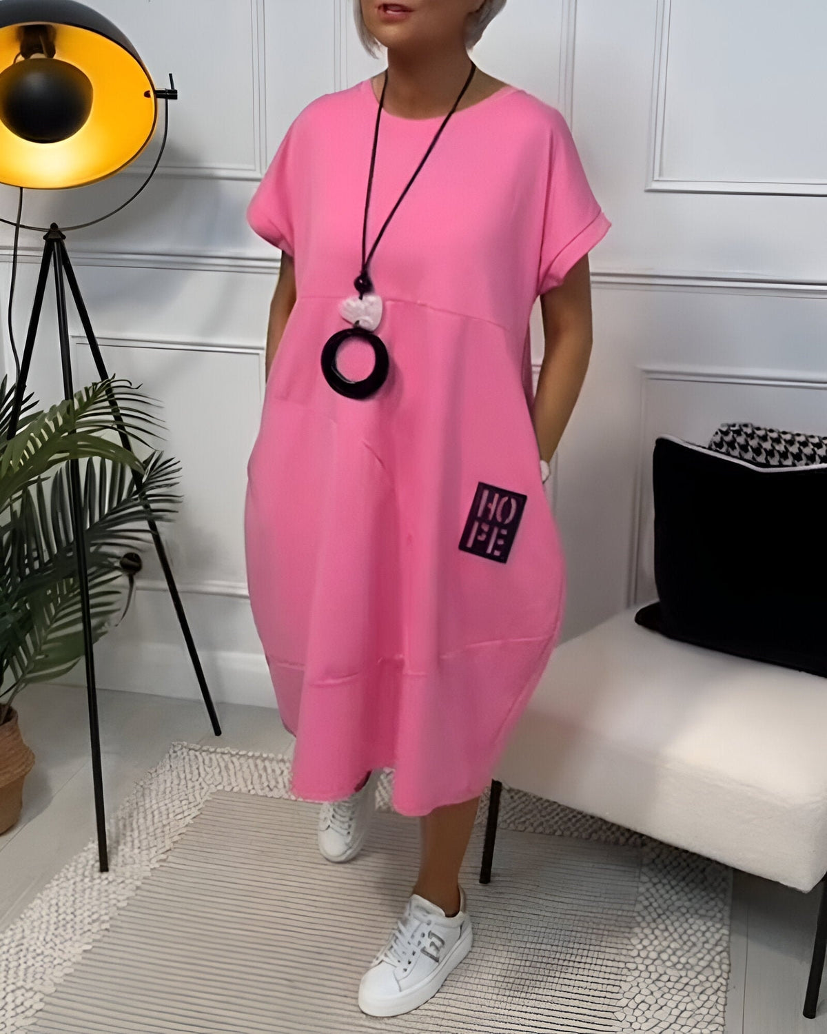 Bessie Relaxed Drop-Shoulder Short-Sleeve Dress with Pockets in Midi Length