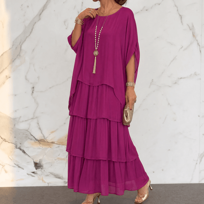 Marella Tiered Chiffon Midi-to-Maxi Dress with Batwing Sleeves